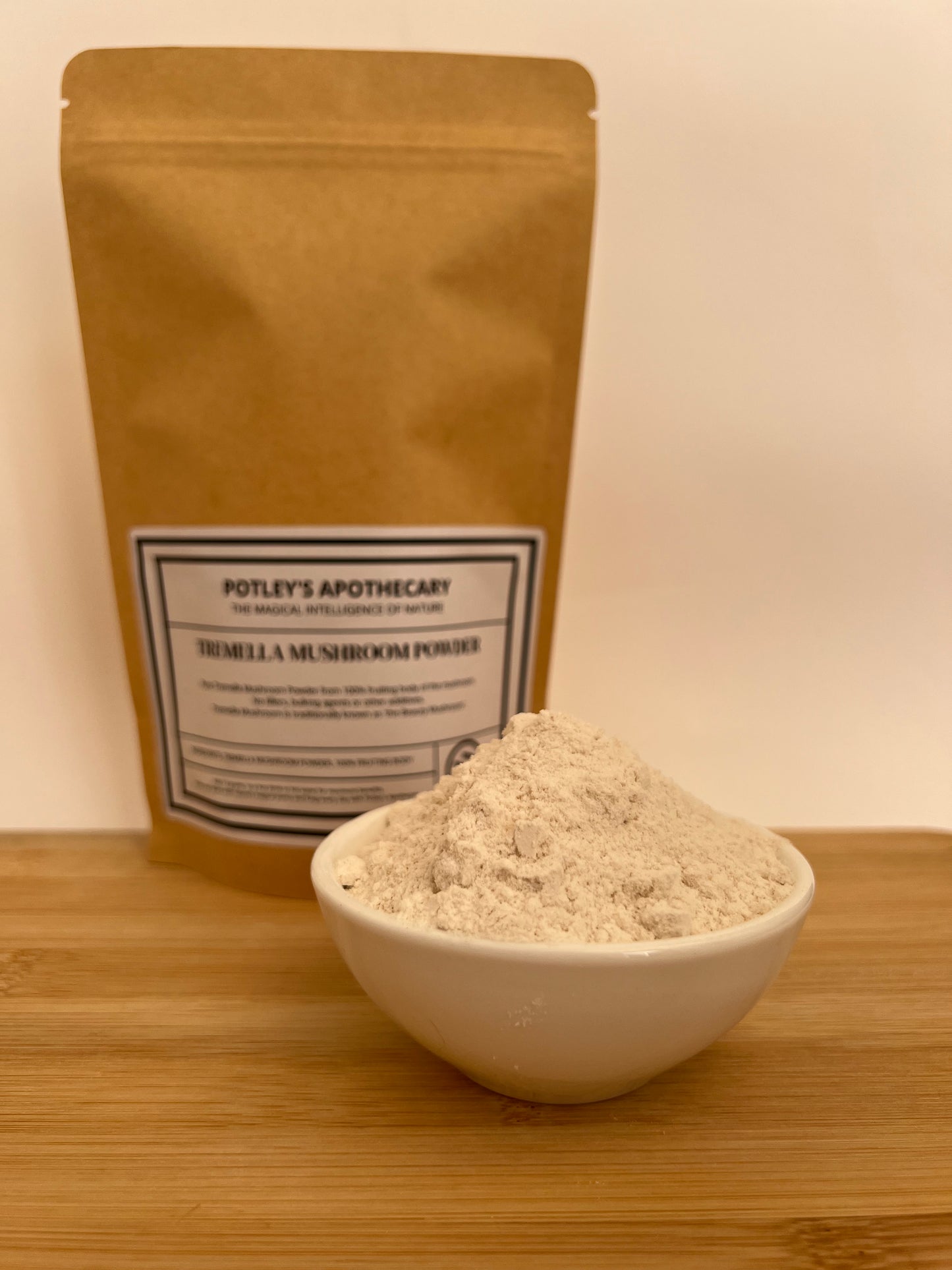 Lifestyle image of tremella mushroom powder by potleys apothecary. buy onine in the uk. Best uk priced tremella powders.