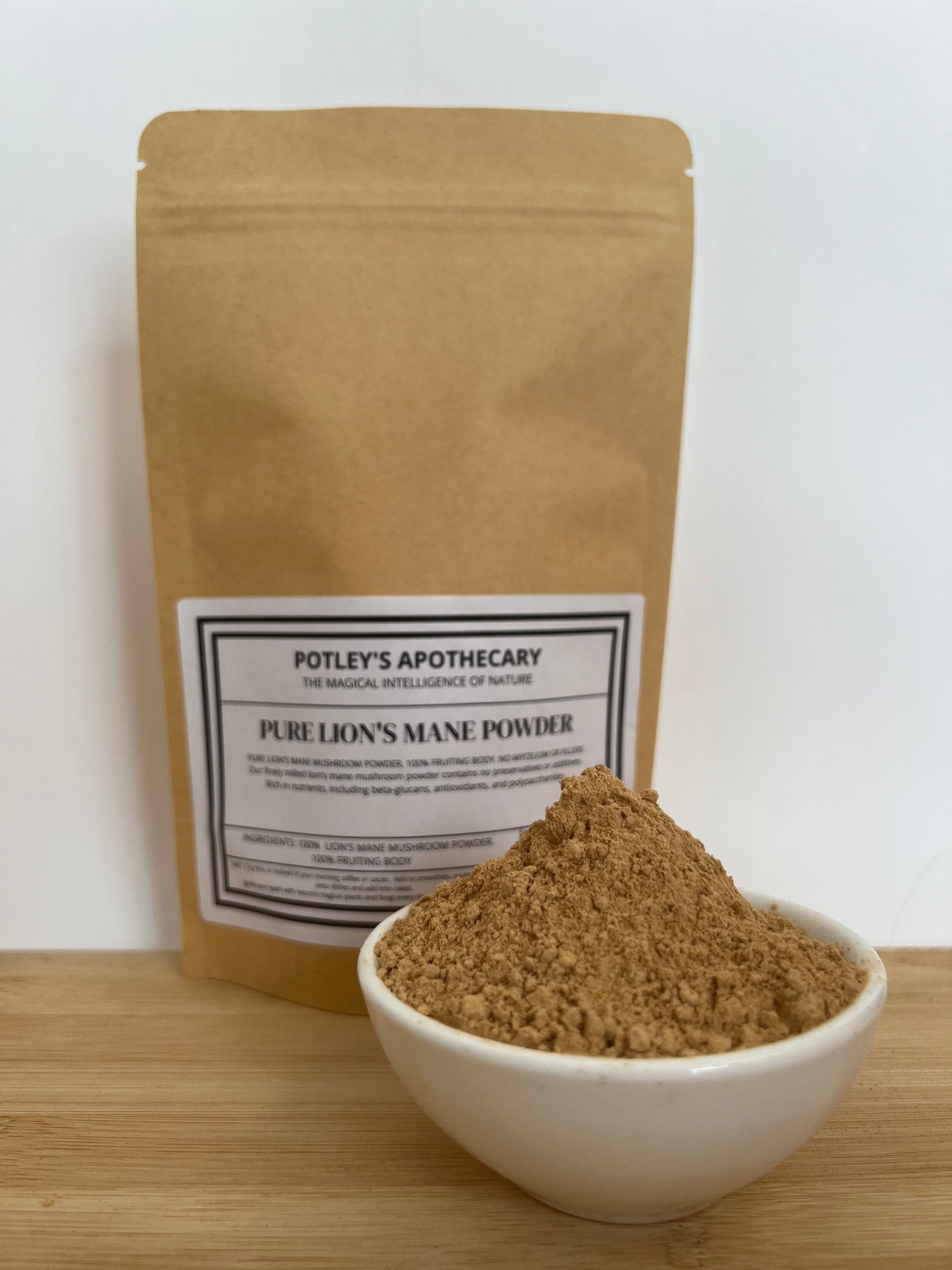 Fruiting body lion's mane powder by Potley's apothecary. Functional mushrooms range,