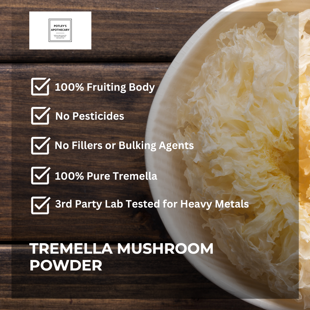 Potleys Apothecary tremlella mushroom powder, clean and pure 100% fruiting body, no pesticides, no filler, 3rd party lab tested for heavy metals. Best UK price Tremella powder
