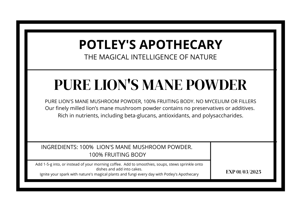 Potley's Apothecary Pure Lion's Mane Powder, Best Lion's Mane Powder UK, exceptional value, high quality, 100% fruiting body