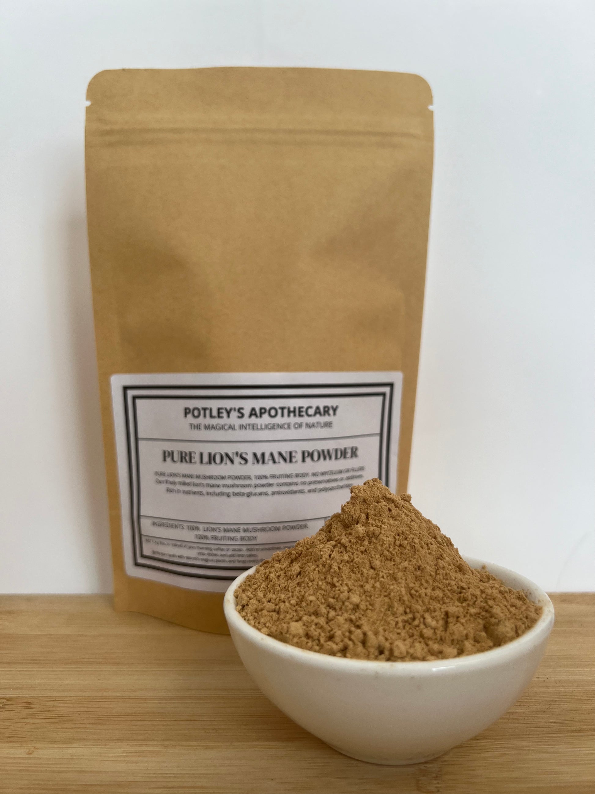 Fruiting body lion's mane powder by Potley's apothecary. Functional mushrooms range, 