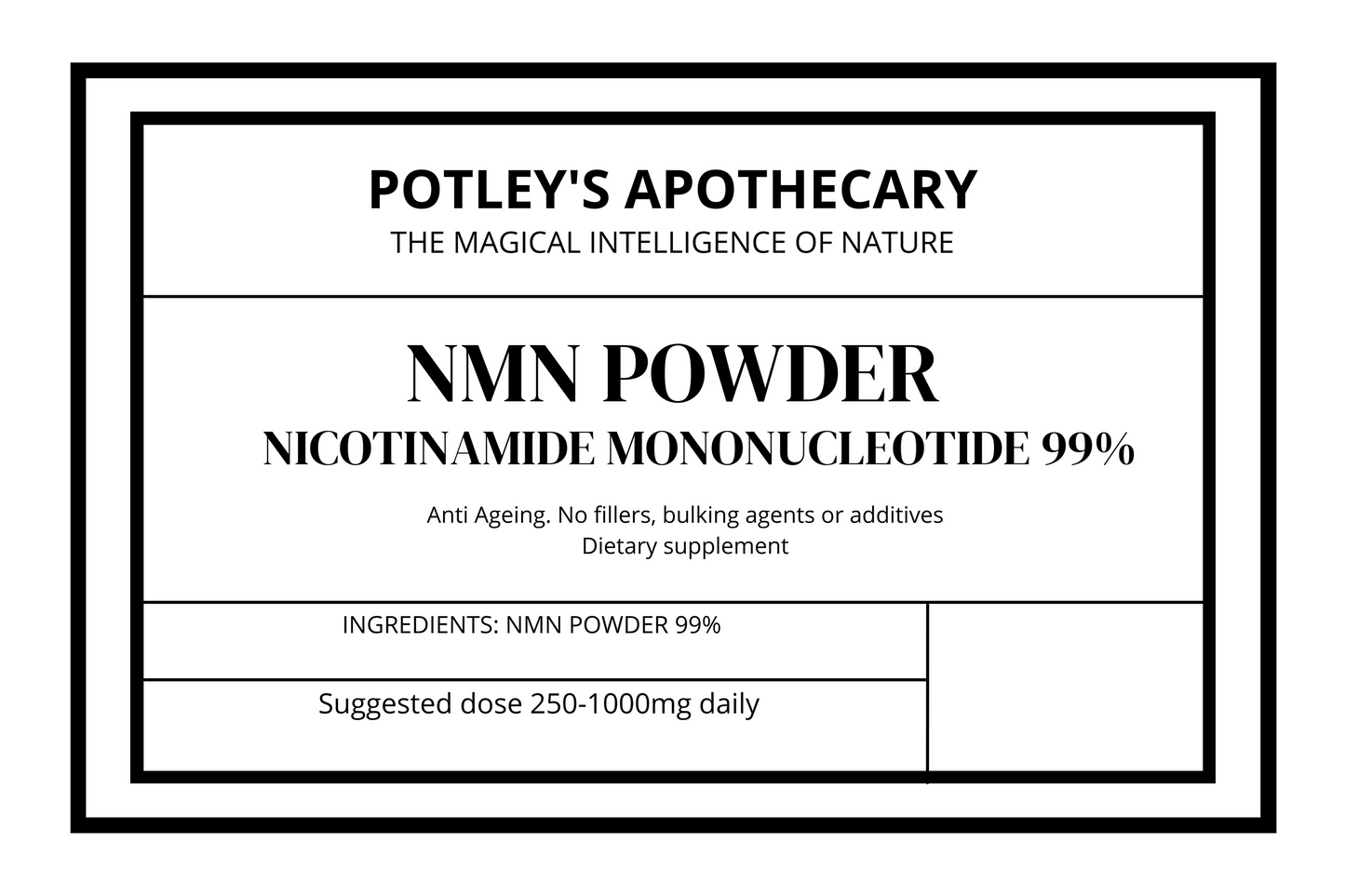 Potley's apothecary label NMN Powder 99%+ pure nmn powder anti ageing, uk lab tested, 99% pure, third party tested.