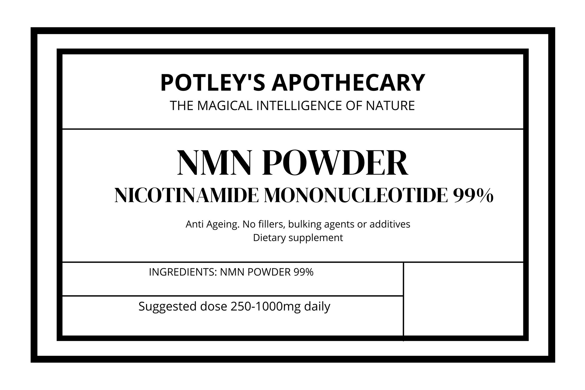 Potley's apothecary label NMN Powder 99%+ pure nmn powder anti ageing, uk lab tested, 99% pure, third party tested.