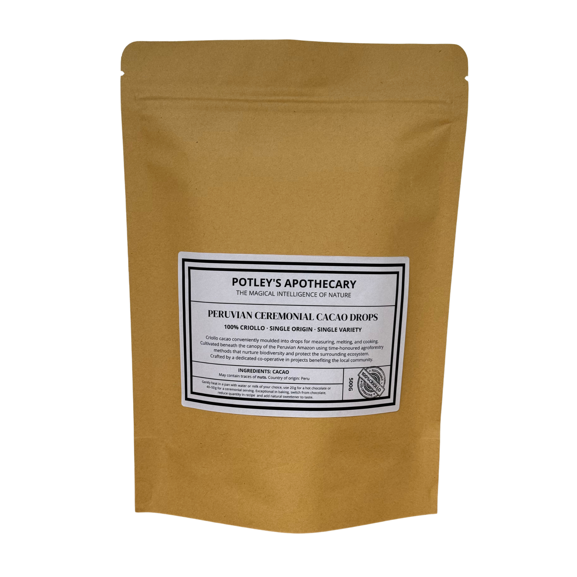 Product inage  of a pouch of Potley's Apothecary Peruvian ceremonial cacao drops on a white background