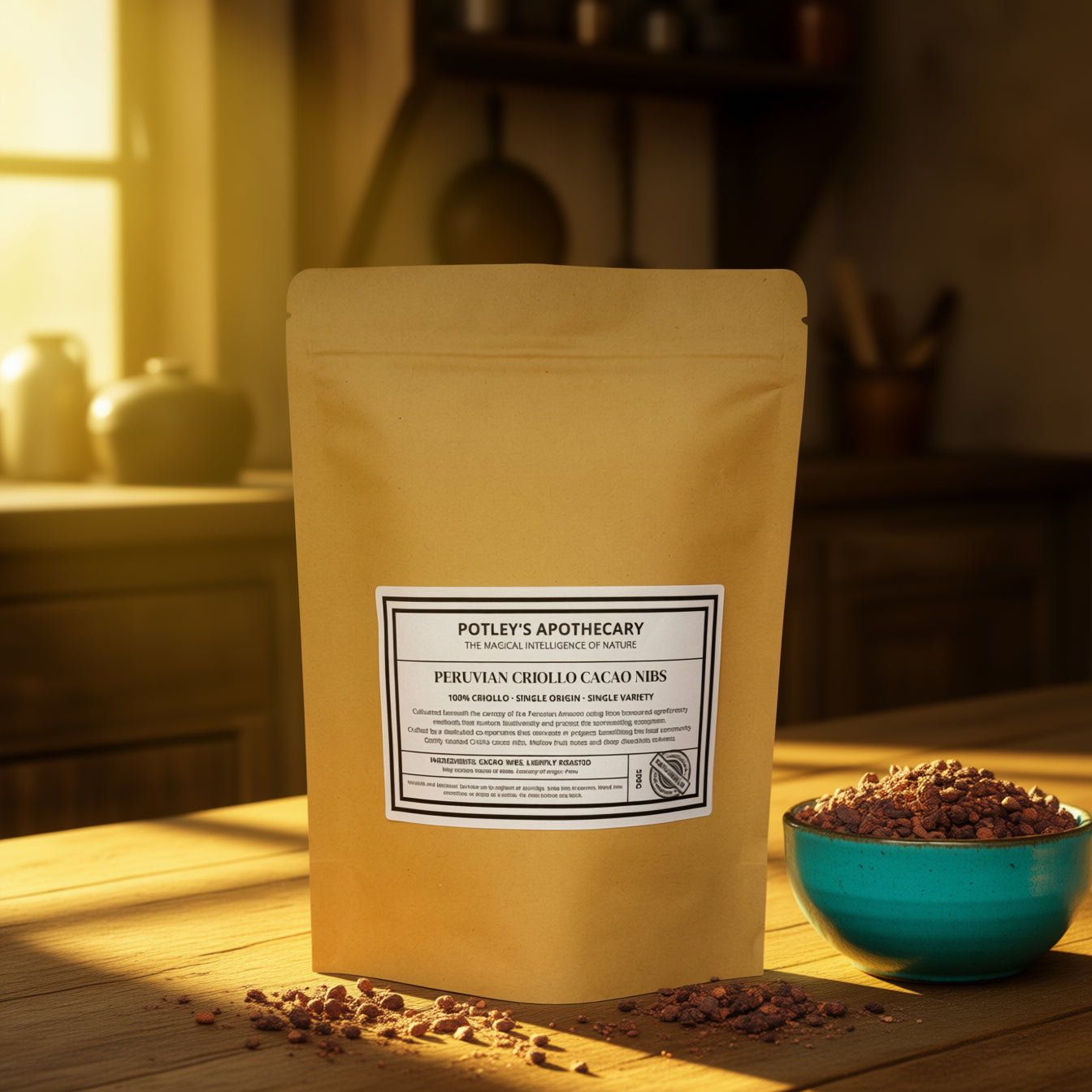 Potley's Apothecary Lightly roasted cacao NIbs lifestyle shot with cacao nibs fro snacking in a turquoise bowl